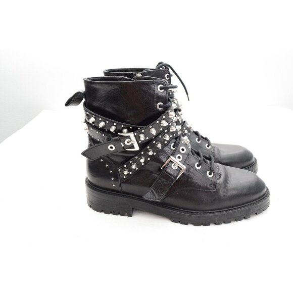 ZARA Leather Biker Moto Buckle Boots Black Size 40 Studded Lace Up 9 - Picture 4 of 7